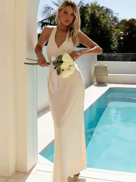 Robe longue maxi minimaliste dos nu à col V profond pour femme - Robe longue sans manches - Soirée cocktail d'été 2026
