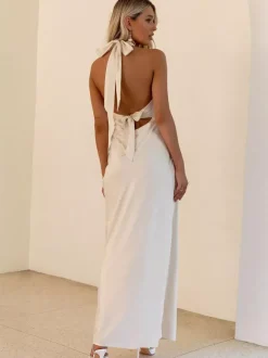 Robe longue maxi minimaliste dos nu à col V profond pour femme - Robe longue sans manches - Soirée cocktail d'été 2026