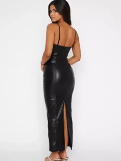 Robe longue moulante noire en similicuir pour femme tenue de soirée sexy et moulante 2026