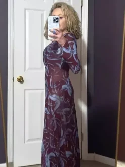 Robe longue moulante rétro à manches longues et imprimé floral coupe ajustée collection 2026