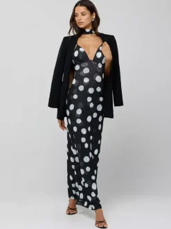 Robe longue nuisette à pois pour femme - Robe moulante vintage dos nu à décolleté plongeant et foulard - Soirée d'été 2026