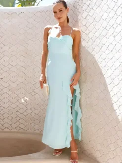 Robe longue nuisette à volants et fente latérale pour femme - Élégante robe de bal dos nu et fluide - Invitée à un mariage d'été 2026