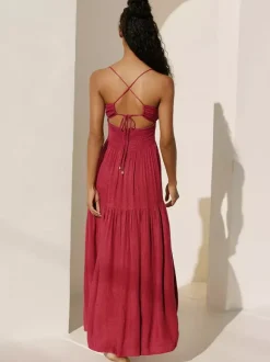 Robe longue nuisette dos nu smockée pour femme - Robe d'été bohème fendue sur le devant - Idéale pour les vacances d'été à la plage 2026