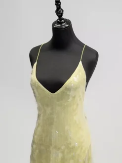 Robe longue nuisette transparente à sequins pour femme - Jaune beurre style bohème dos nu col en V coupe sirène - Été plage 2026