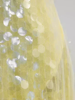 Robe longue nuisette transparente à sequins pour femme - Jaune beurre style bohème dos nu col en V coupe sirène - Été plage 2026