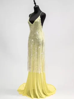 Robe longue nuisette transparente à sequins pour femme - Jaune beurre style bohème dos nu col en V coupe sirène - Été plage 2026