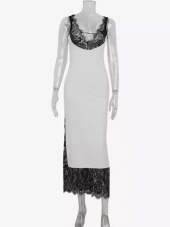 Robe longue patchwork en dentelle pour femme - Robe moulante sexy sans manches à col V - Tenue de soirée estivale 2026