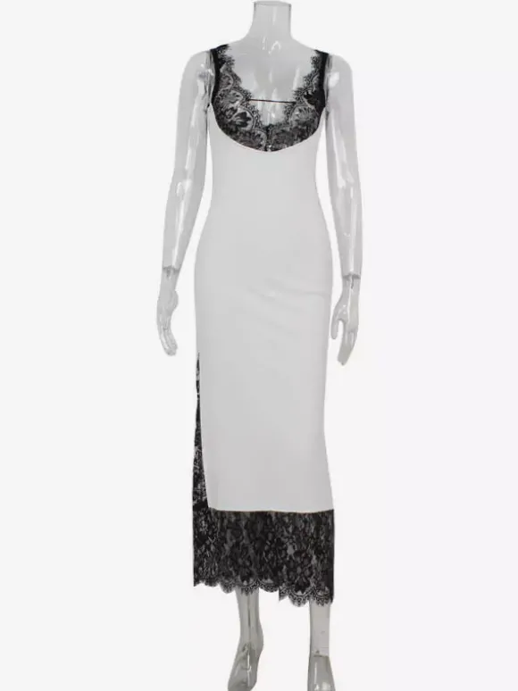 Robe longue patchwork en dentelle pour femme - Robe moulante sexy sans manches à col V - Tenue de soirée estivale 2026