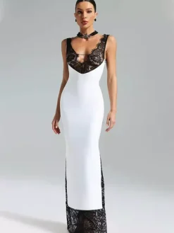 Robe longue patchwork en dentelle pour femme - Robe moulante sexy sans manches à col V - Tenue de soirée estivale 2026