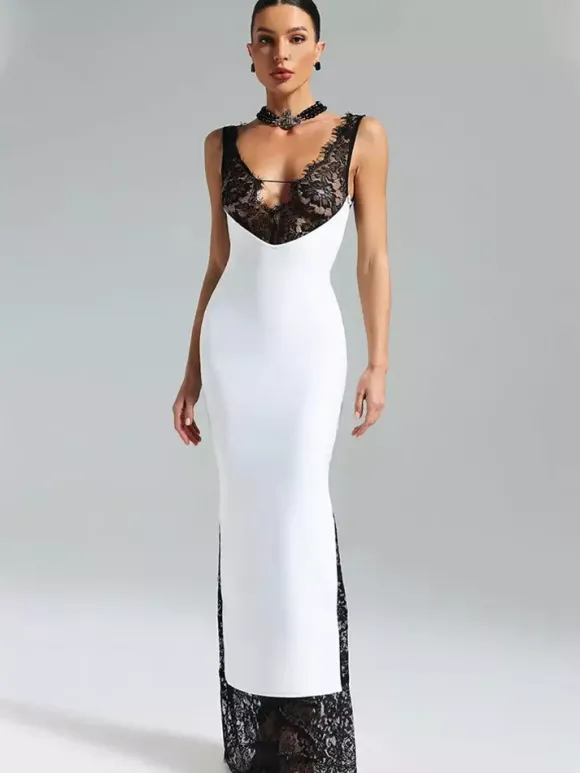 Robe longue patchwork en dentelle pour femme - Robe moulante sexy sans manches à col V - Tenue de soirée estivale 2026