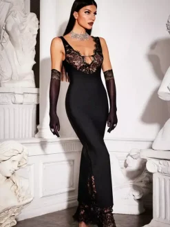 Robe longue patchwork en dentelle pour femme - Robe moulante sexy sans manches à col V - Tenue de soirée estivale 2026