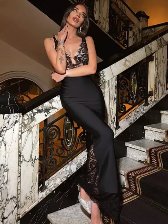 Robe longue patchwork en dentelle pour femme - Robe moulante sexy sans manches à col V - Tenue de soirée estivale 2026