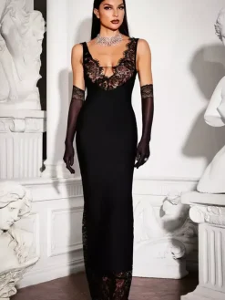 Robe longue patchwork en dentelle pour femme - Robe moulante sexy sans manches à col V - Tenue de soirée estivale 2026