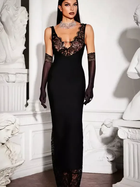 Robe longue patchwork en dentelle pour femme - Robe moulante sexy sans manches à col V - Tenue de soirée estivale 2026