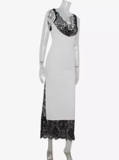 Robe longue patchwork en dentelle pour femme - Robe moulante sexy sans manches à col V - Tenue de soirée estivale 2026