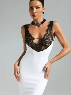 Robe longue patchwork en dentelle pour femme - Robe moulante sexy sans manches à col V - Tenue de soirée estivale 2026
