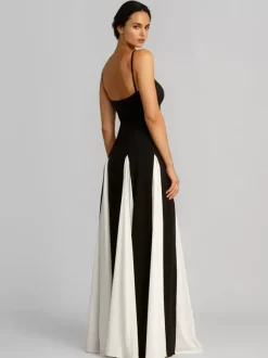 Robe longue plissée à bretelles spaghetti de couleur contrastée pour femmes 2026
