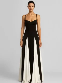 Robe longue plissée à bretelles spaghetti de couleur contrastée pour femmes 2026