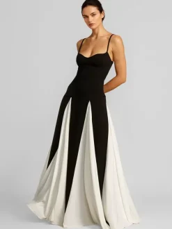 Robe longue plissée à bretelles spaghetti de couleur contrastée pour femmes 2026