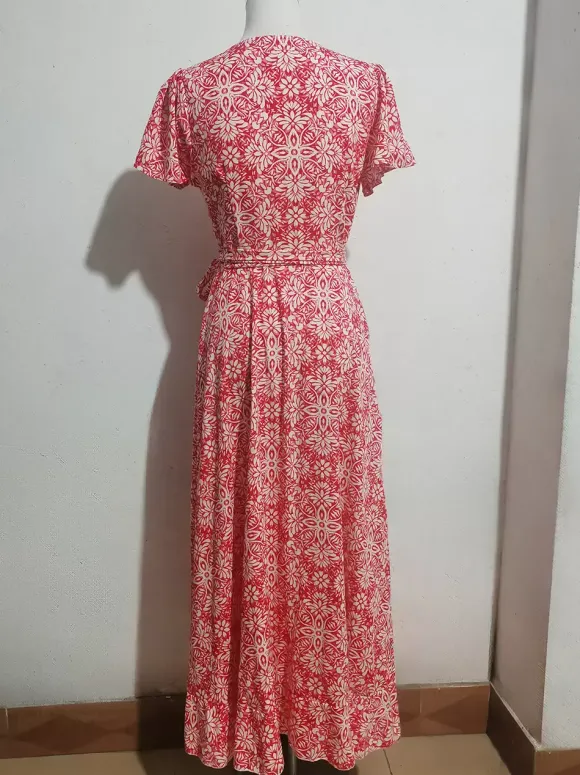 Robe longue portefeuille à manches courtes style bohème fleuri - Col en V ceinture coupe asymétrique fluide - Idéale pour les vacances d'été à la plage 2026