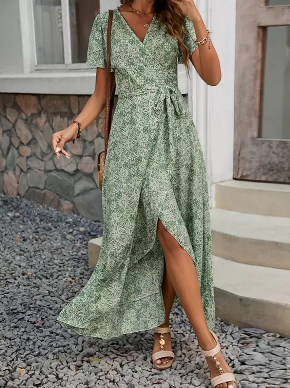 Robe longue portefeuille à manches courtes style bohème fleuri - Col en V ceinture coupe asymétrique fluide - Idéale pour les vacances d'été à la plage 2026