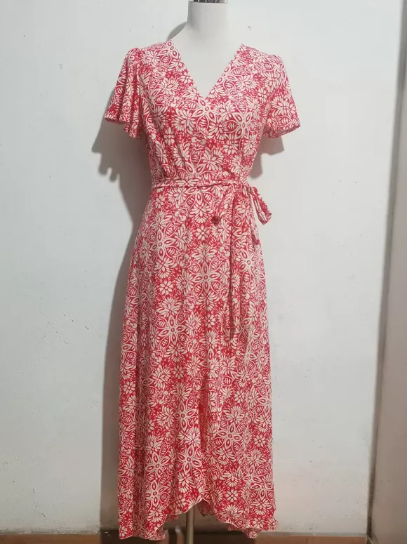 Robe longue portefeuille à manches courtes style bohème fleuri - Col en V ceinture coupe asymétrique fluide - Idéale pour les vacances d'été à la plage 2026
