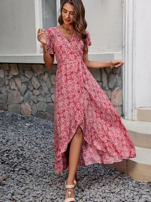 Robe longue portefeuille à manches courtes style bohème fleuri - Col en V ceinture coupe asymétrique fluide - Idéale pour les vacances d'été à la plage 2026