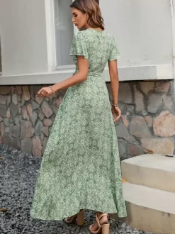 Robe longue portefeuille à manches courtes style bohème fleuri - Col en V ceinture coupe asymétrique fluide - Idéale pour les vacances d'été à la plage 2026