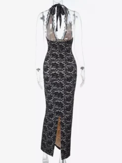 Robe longue pour femme en dentelle noire superposée - Robe dos nu à bretelles et doublure nude - Robe de soirée moulante et sexy 2026