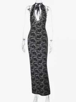 Robe longue pour femme en dentelle noire superposée - Robe dos nu à bretelles et doublure nude - Robe de soirée moulante et sexy 2026