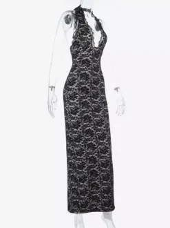 Robe longue pour femme en dentelle noire superposée - Robe dos nu à bretelles et doublure nude - Robe de soirée moulante et sexy 2026