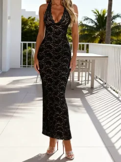 Robe longue pour femme en dentelle noire superposée - Robe dos nu à bretelles et doublure nude - Robe de soirée moulante et sexy 2026