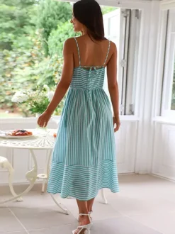 Robe longue rayée d'été pour femme - Robe évasée dos nu à col V et bustier noué style cottagecore - Idéale pour un pique-nique d'été à la plage 2026