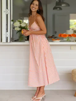 Robe longue rayée d'été pour femme - Robe évasée dos nu à col V et bustier noué style cottagecore - Idéale pour un pique-nique d'été à la plage 2026