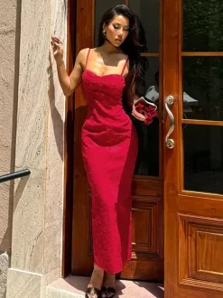 Robe longue rouge à imprimé floral jacquard pour femme - Robe nuisette romantique et ajustée - Tenues d'été pour un rendez-vous galant 2026