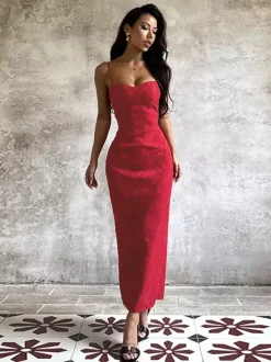 Robe longue rouge à imprimé floral jacquard pour femme - Robe nuisette romantique et ajustée - Tenues d'été pour un rendez-vous galant 2026