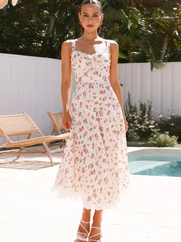 Robe longue sans manches à imprimé floral et bordure en dentelle pour l'été 2026