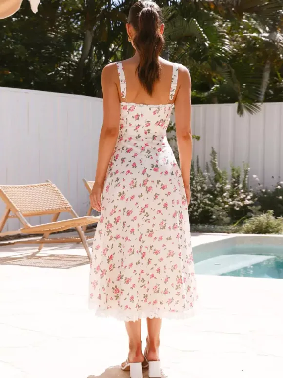 Robe longue sans manches à imprimé floral et bordure en dentelle pour l'été 2026