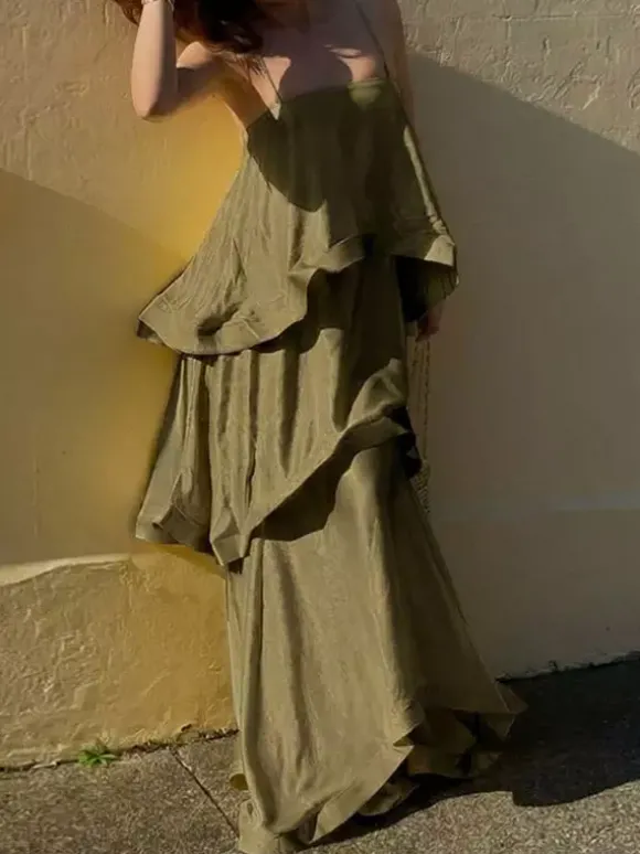 Robe longue sans manches à bretelles décolleté sexy style bohème jaune pour une soirée en amoureux
