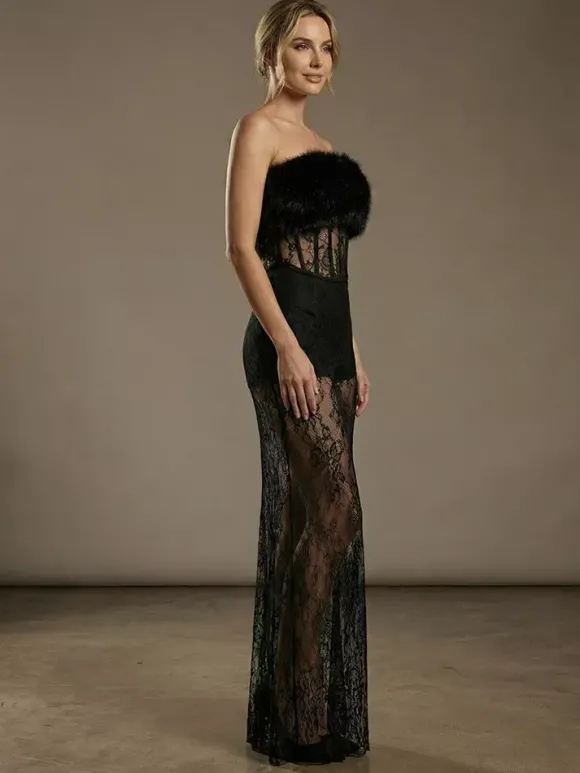 Robe longue sexy en fausse fourrure et dentelle pour femme - Body bustier noir sans bretelles avec jupe transparente - Soirée d'été 2026