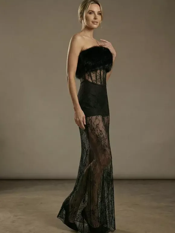 Robe longue sexy en fausse fourrure et dentelle pour femme - Body bustier noir sans bretelles avec jupe transparente - Soirée d'été 2026