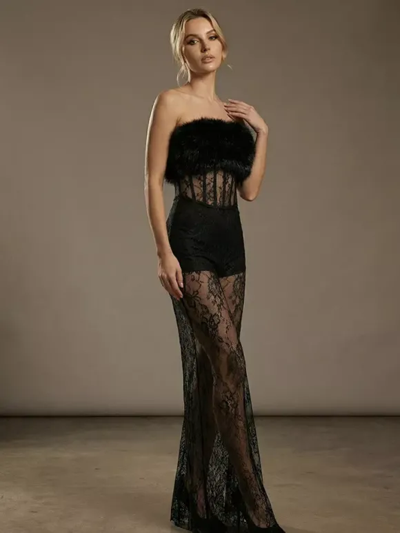 Robe longue sexy en fausse fourrure et dentelle pour femme - Body bustier noir sans bretelles avec jupe transparente - Soirée d'été 2026