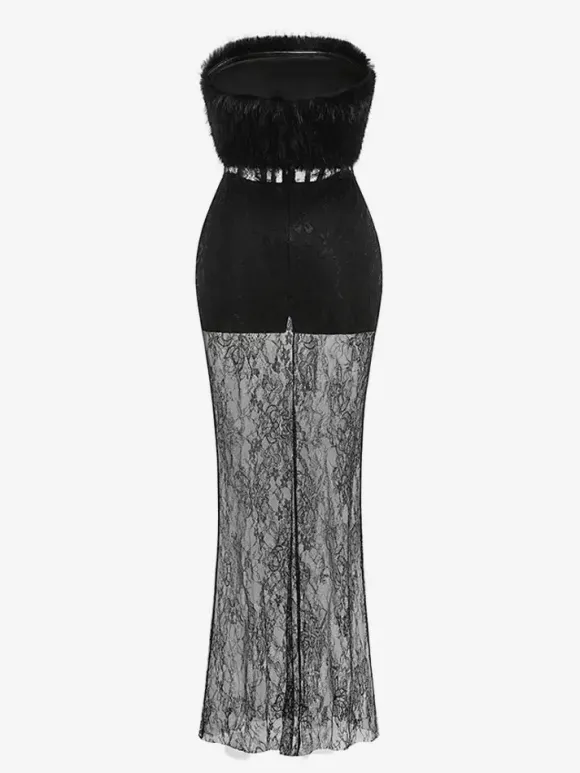 Robe longue sexy en fausse fourrure et dentelle pour femme - Body bustier noir sans bretelles avec jupe transparente - Soirée d'été 2026