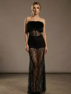Robe longue sexy en fausse fourrure et dentelle pour femme - Body bustier noir sans bretelles avec jupe transparente - Soirée d'été 2026