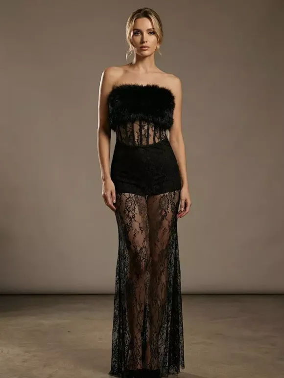 Robe longue sexy en fausse fourrure et dentelle pour femme - Body bustier noir sans bretelles avec jupe transparente - Soirée d'été 2026