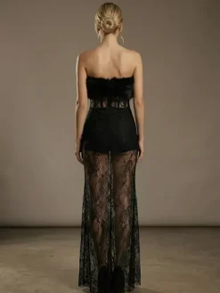 Robe longue sexy en fausse fourrure et dentelle pour femme - Body bustier noir sans bretelles avec jupe transparente - Soirée d'été 2026