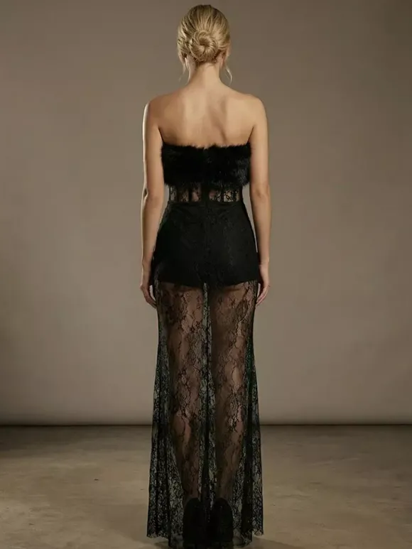 Robe longue sexy en fausse fourrure et dentelle pour femme - Body bustier noir sans bretelles avec jupe transparente - Soirée d'été 2026