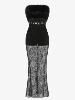 Robe longue sexy en fausse fourrure et dentelle pour femme - Body bustier noir sans bretelles avec jupe transparente - Soirée d'été 2026