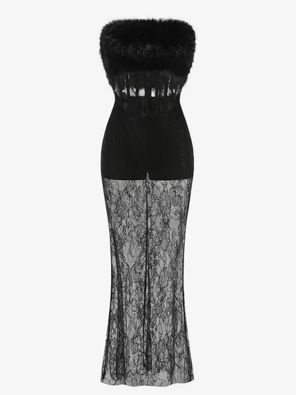 Robe longue sexy en fausse fourrure et dentelle pour femme - Body bustier noir sans bretelles avec jupe transparente - Soirée d'été 2026