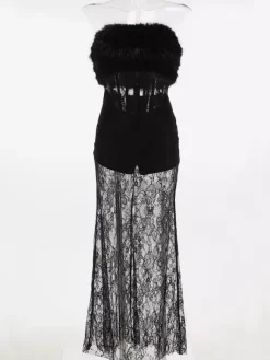 Robe longue sexy en fausse fourrure et dentelle pour femme - Body bustier noir sans bretelles avec jupe transparente - Soirée d'été 2026